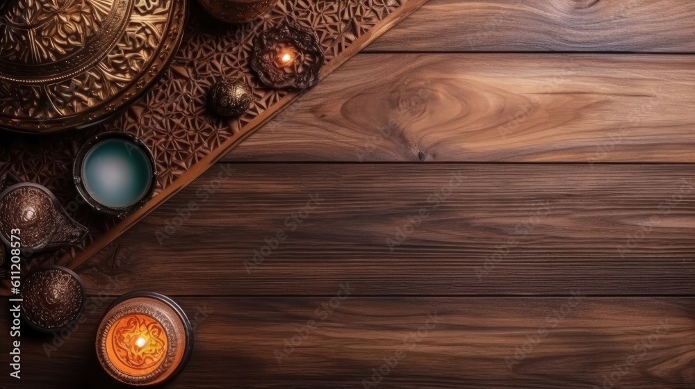 Fototapeta premium Top View of Ramadan background design with perfect angel