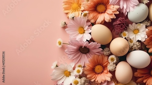 Top View of Happy Easter Day with colorful eggs and flowers on pastel background