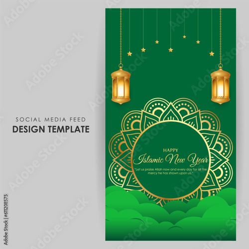 Photography Vector illustration of Happy Islamic New Year social media story feed mockup tem