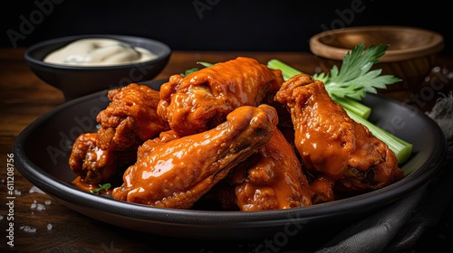 close up spicy red buffalo wings with cut vegetables on a black plate and blur background