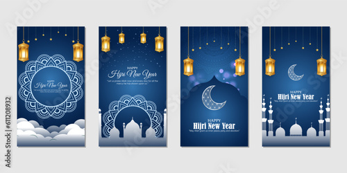 Vector illustration of Hijri New Year social media story feed set mockup template