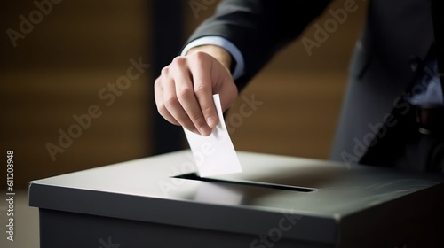 A voter wearing a ballot pin and placing his vote in a ballot box during a general election