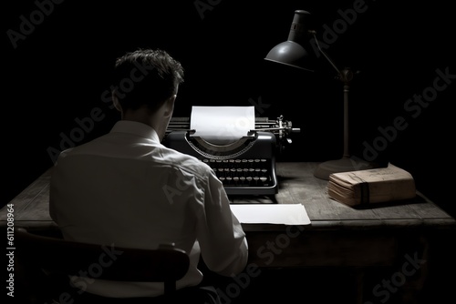 A writer staring at a typewriter the blank paper representing ideas. generative AI photo