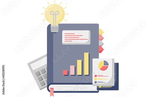 business notebook and light on. business income statement ledger