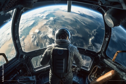 Fototapeta Naklejka Na Ścianę i Meble -  An astronaut staring at the Earth from a space station. generative AI