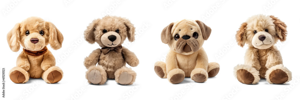Stuffed dog toys set isolated on transparent background. Fluffy soft puppy toys Generative AI  - obrazy, fototapety, plakaty 