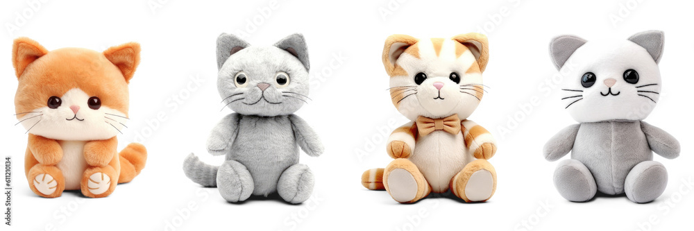 Stuffed kitten toys set isolated on transparent background. Fluffy soft cat toys Generative AI  - obrazy, fototapety, plakaty 