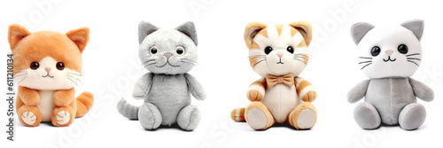 Stuffed kitten toys set isolated on transparent background. Fluffy soft cat toys Generative AI 