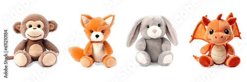 Stuffed animal toys set isolated on transparent background. Fluffy soft toys including monkey, bunny, fox, dragon toys Generative AI 