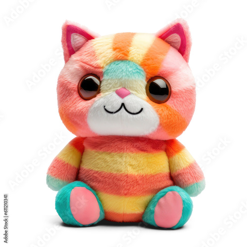 Stuffed cat toy isolated on transparent background. Fluffy soft colorful kitten toy Generative AI 