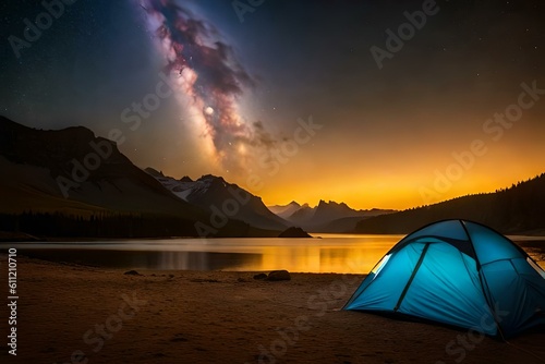 A tent by the side of the lake with starry constellation in the sky at night, created with Generative AI