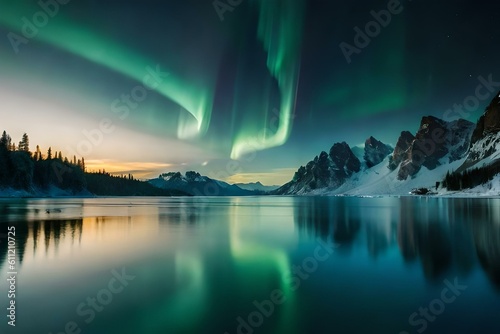 Aurora borealis over a lake with snow covered mountains in the background.