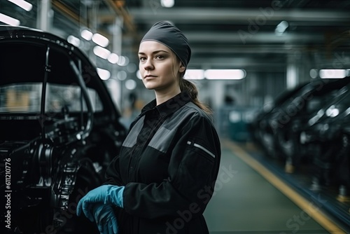Empowered woman in car factory: Breaking barriers, she showcases strength and skill, symbolizing diversity and excellence in the industrial landscape. Not real person. Generative Ai