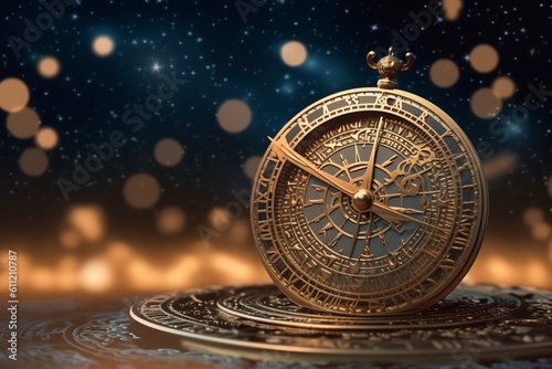 An ancient Islamic astrolabe set against. generative AI photo