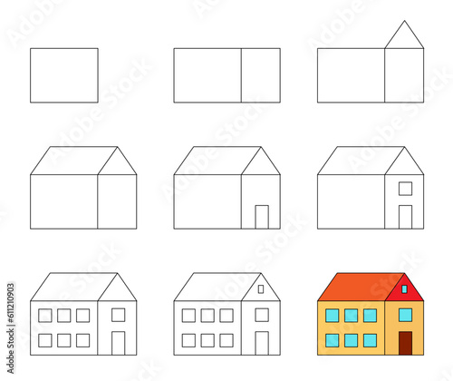 Worksheet easy guide to drawing big house. Simple step by step drawing tutorial for little children.