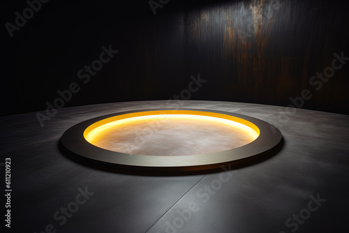 a circular platform podium with golden neon light on dark background. Created with Generative AI Technology © degungpranasiwi