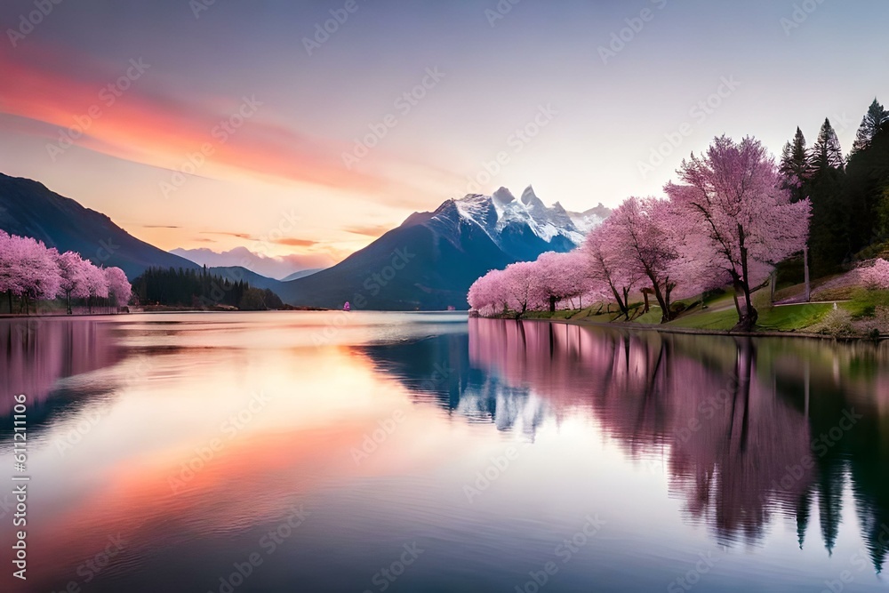 Cherry blossom trees on the side of the lake surrounded by mountains, created with Generative AI