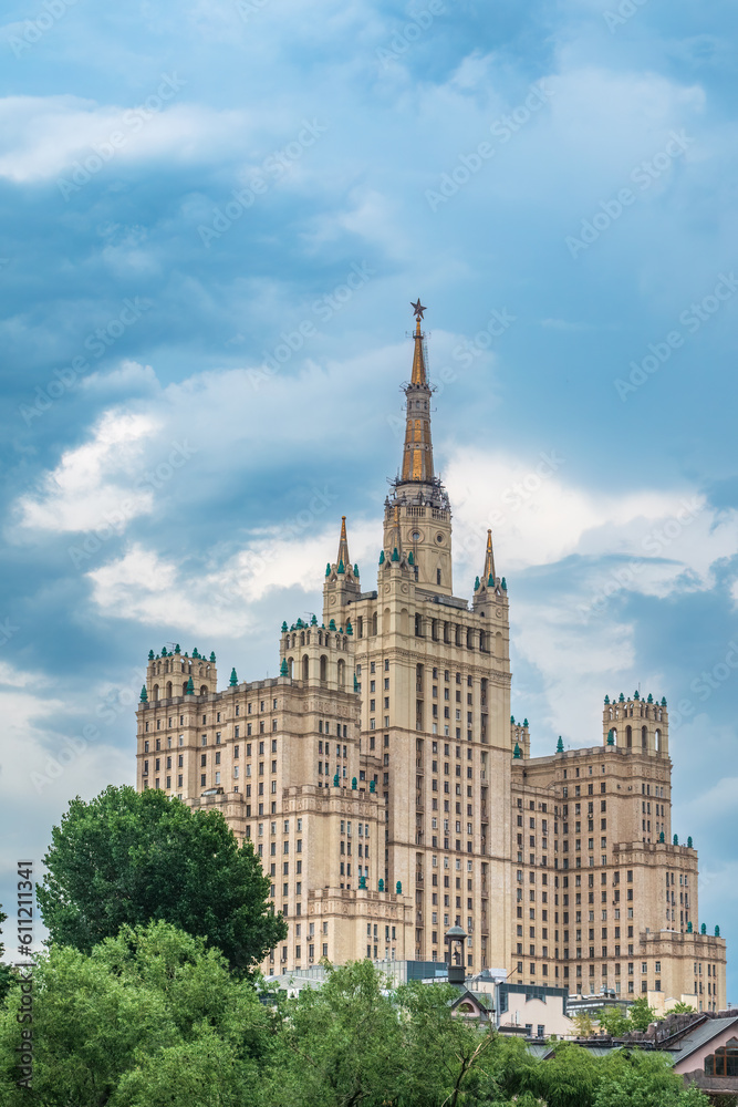 The view on the residential Stalinist high-rise building on Kudrinskaya Square. It is the one of seven Stalinist skyscrapers built in 1947-1954.