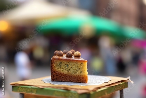Pistachio cake on a picnic table. generative AI