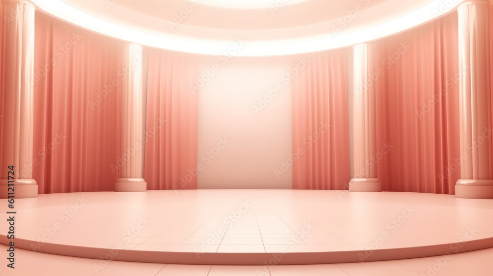 3D mock up stage in a bright pink empty room. Abstract minimalistic bright trendy background for product presentation. Generative AI.
