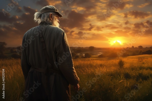 An old man contemplating a slowly setting sun. generative AI © Hatia