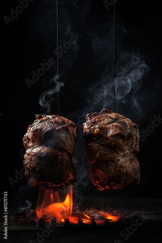 meat skewer floating with fire isolated on black background
