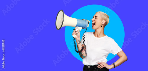 Megaphone, announcement and woman voice isolated on blue background, banner and speaking, news or broadcast. Speech, opinion and gen z person in studio, mockup and call to action, protest or change