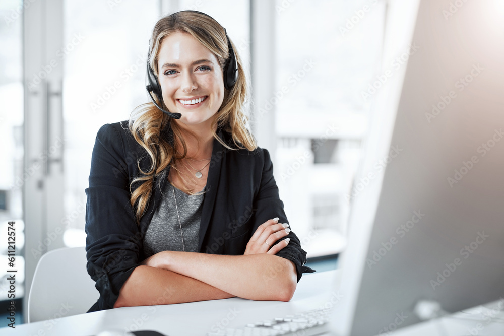 © Jadon Bester/peopleimages.com - Happy woman, callcenter and arms crossed in portrait, contact us with communication and CRM. Customer service, phone call and female consultant with headset and smile, help desk and tech support