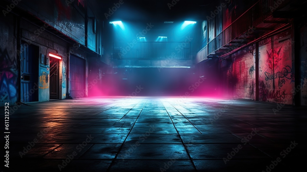 Empty stage with  neon spotlights shine on stage floor in dark light room, idea for background, backdrop, pink blue lights