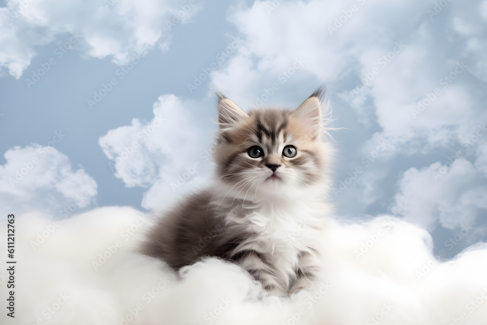 cute fluffy kitten on a cloud, Generative AI cute fluffy kitten on a cloud, Generative AI