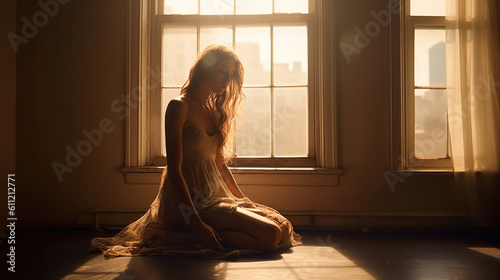 Young attractive woman  sitting on a window  looking outside  lonely mood  Generative AI