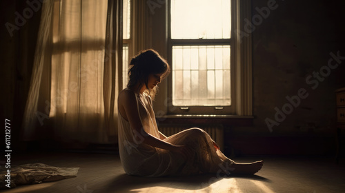 Young attractive woman, sitting on a window, looking outside, lonely mood, Generative AI