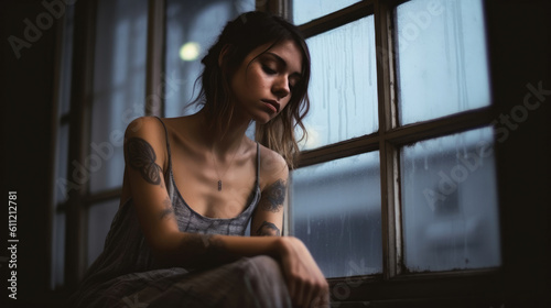 Depressed young woman near window at home, closeup, Generative AI