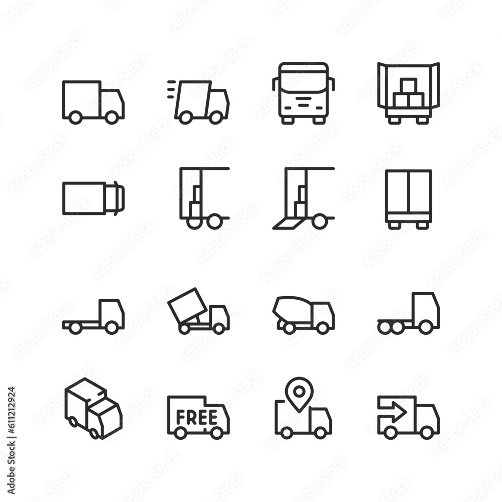 Truck, linear style icons set. Various types of trucks for transporting goods. A truck with a body for transporting materials and goods. Editable stroke width