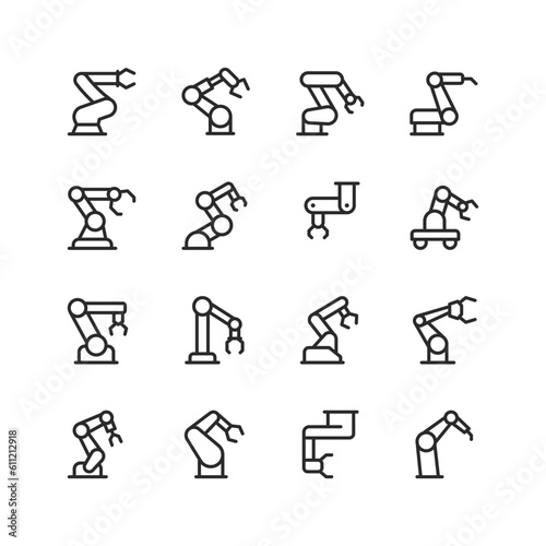 Industrial robot, linear style icons set. Mechanical hydraulic robot for manufacturing in a factory. Robot arm. Hull, joint, and grip. Used for welding, assembly, moving, etc. Editable stroke width