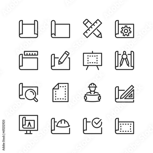 Engineering drawing, linear style icons set, blueprint. A sheet of paper with a diagram. Drawing an image of a technical object. Design and development of products. Editable stroke width
