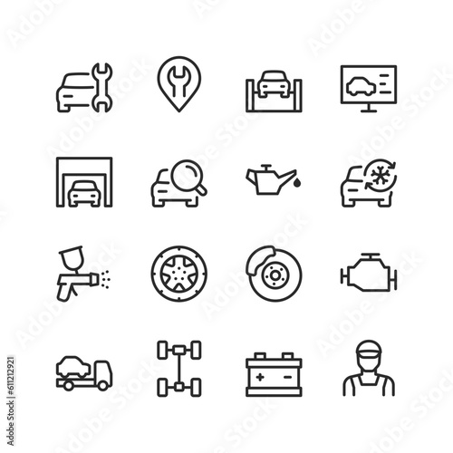 Car service, linear style icons set. Car repair, spare parts. Service station. Diagnostics, adjustment, replacement, installation of car parts. Equipment and tools for repair. Editable stroke width