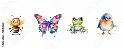 A set of watercolor Bee, Butterfly, Frog, and Bird. Generative AI. © mostafa
