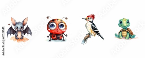 A set of watercolor Bat  Ladybug  Woodpecker  and Turtle. Generative AI.