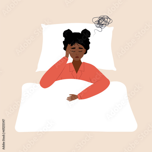 Insomnia concept. Tired african woman suffer from headache. Sleepless girl lying in bed and thinking about problems. Vector illustration in flat cartoon style. Pregnancy or menopause.