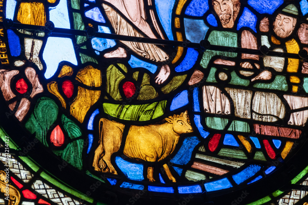 Detail of medieval stained glass window depicting a cow, peasants in a church window. Blues reds, greens
