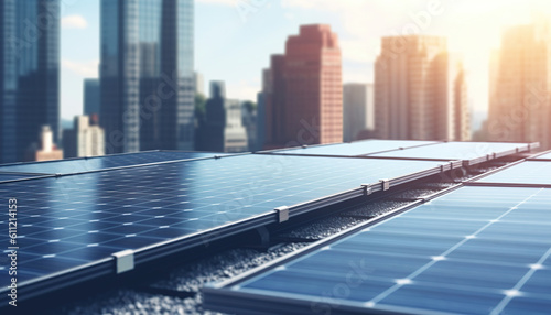 photovoltaic solar panels in front of city