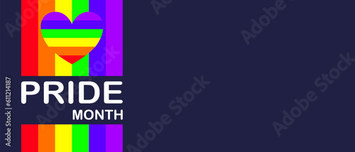 Pride month banner with rainbow flag and heart. Pride month background. Pride month poster. Vector illustration.