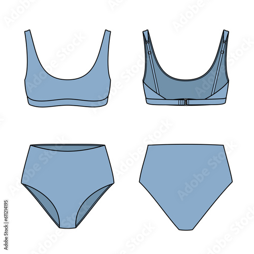 Scoop bikini technical fashion flat. Swimsuit vector illustration, front and back view, editable mockup template.
