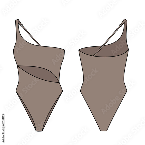 Asymmetrical Cutout One Piece technical fashion flat. Swimsuit vector illustration, front and back view, editable mockup template.