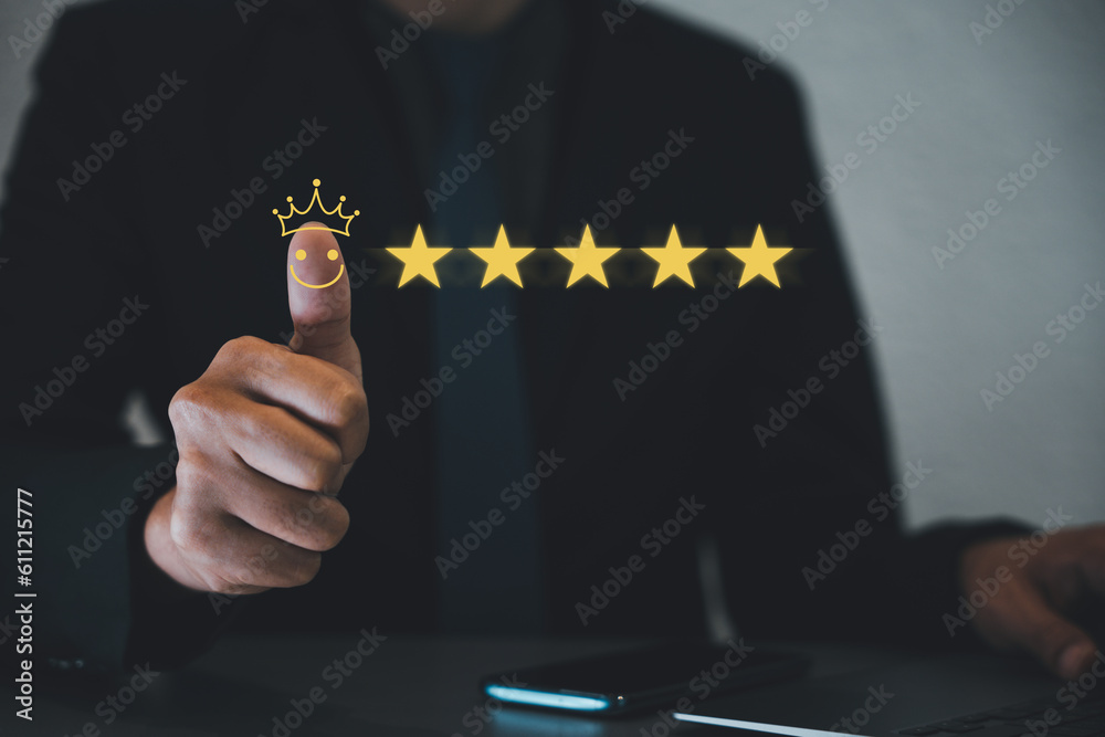 Customer satisfaction guaranteed. A hand showing a thumbs up and five ...