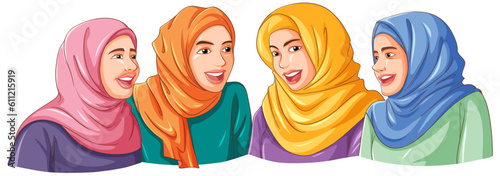 Happy muslim woman wearing hijab friends