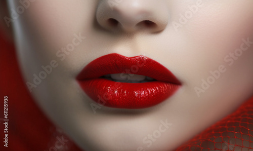 Close up of a woman s full lips wearing dark red lipstick  Generative AI