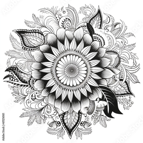 Floral Mandala  Design For Adult Coloring Book Page 