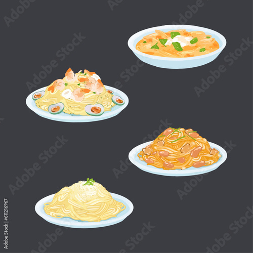Set of spaghetti dishes isolated on white background. Hand drawn watercolor vector illustration.